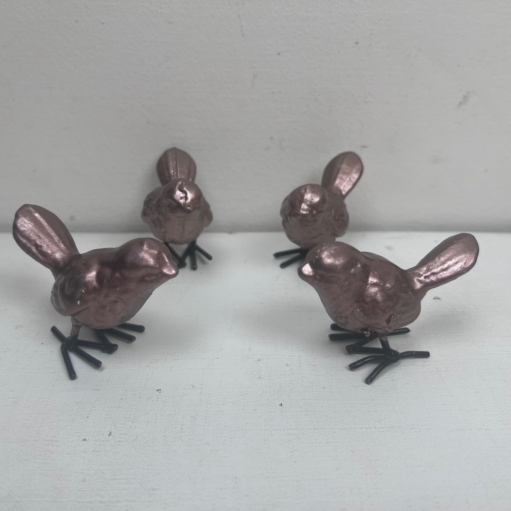 Set of 4 EBOT Metallic Rose Gold Bird‎ Figurines with Black Wire Feet Cast Iron
